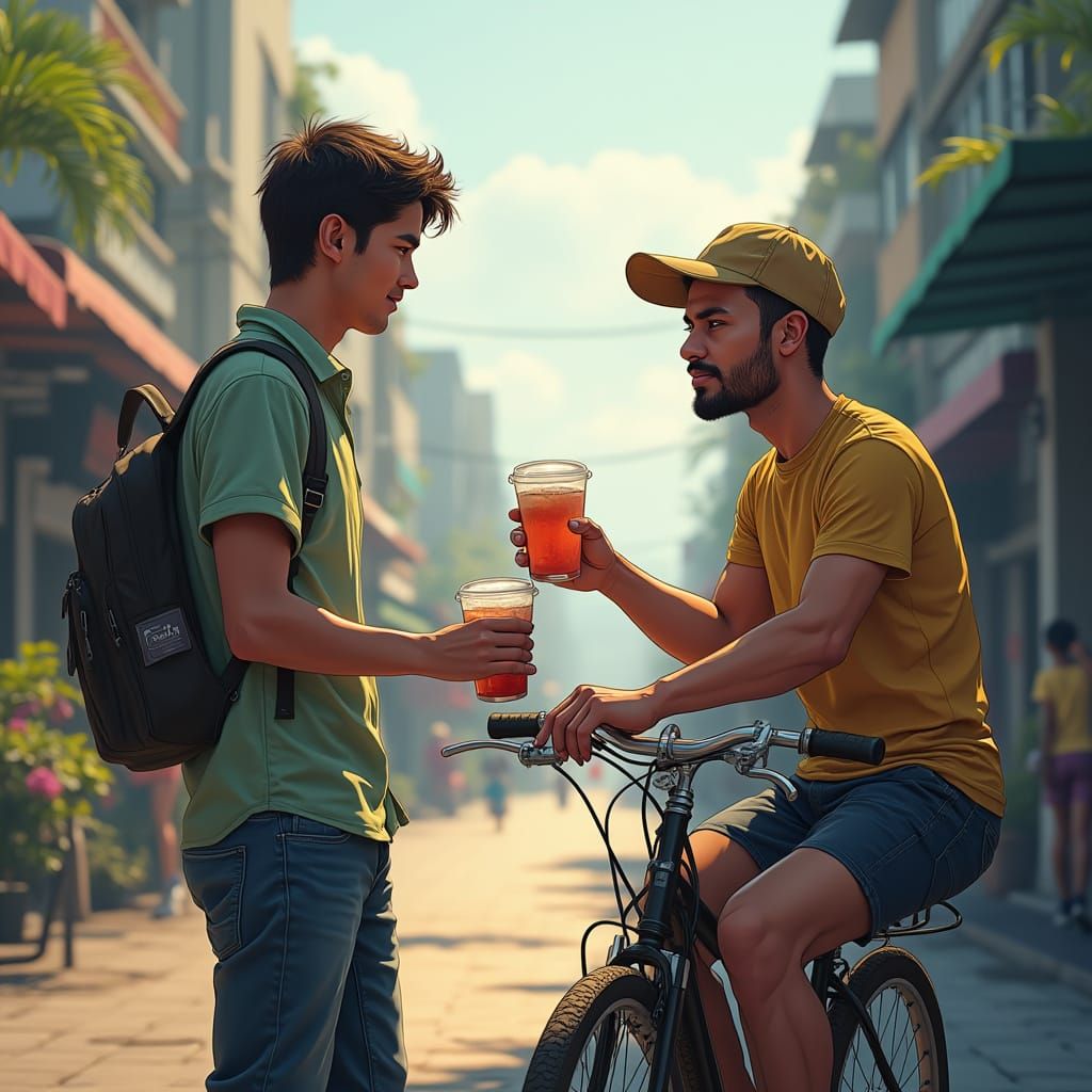 Indonesian Street Scene: Offering Refreshment on a Hot Day