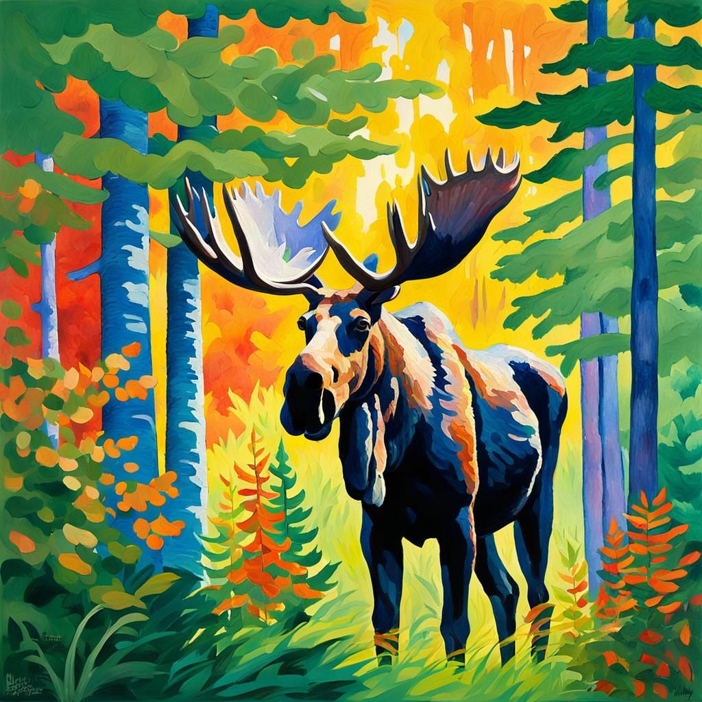 Moose in Maine Woods: Impressionist Gouache Painting