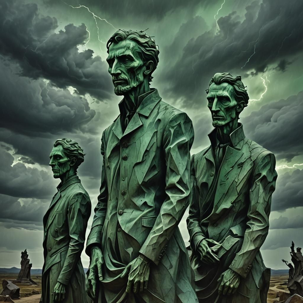 Distorted Surrealism: Statues in a Desolate Landscape