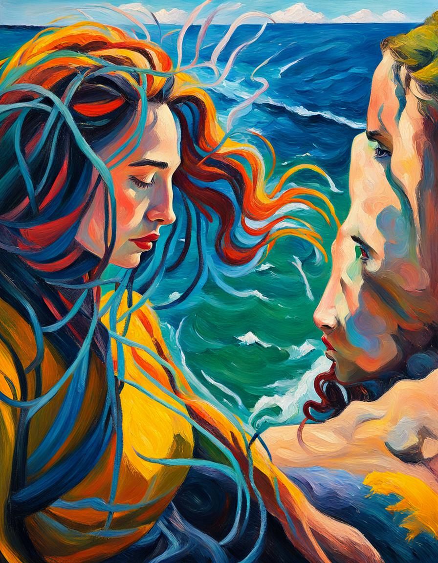 Pensive Woman Overlooking Ocean, in Fauvist Style