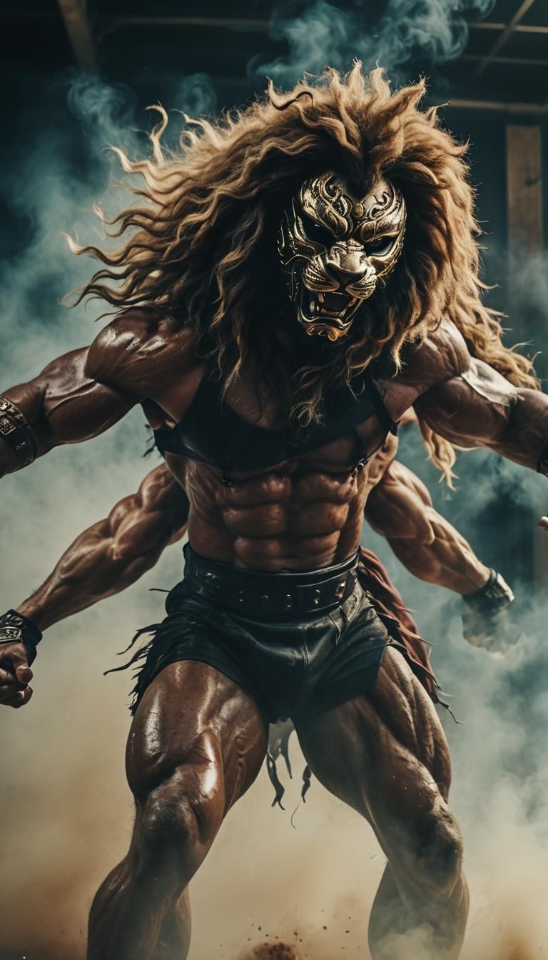 Masked Lion Bodybuilders in Cinematic Film Still