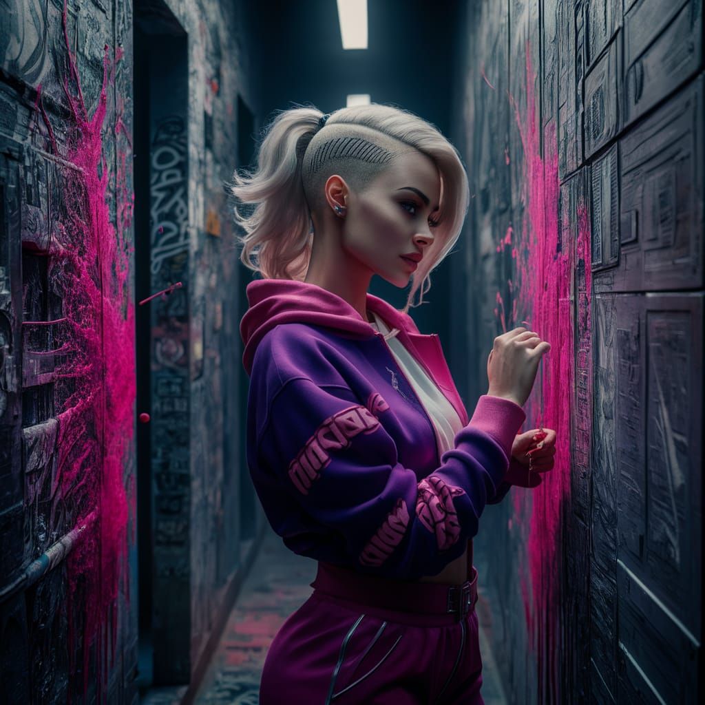 Woman with Platinum Hair in Graffiti Art