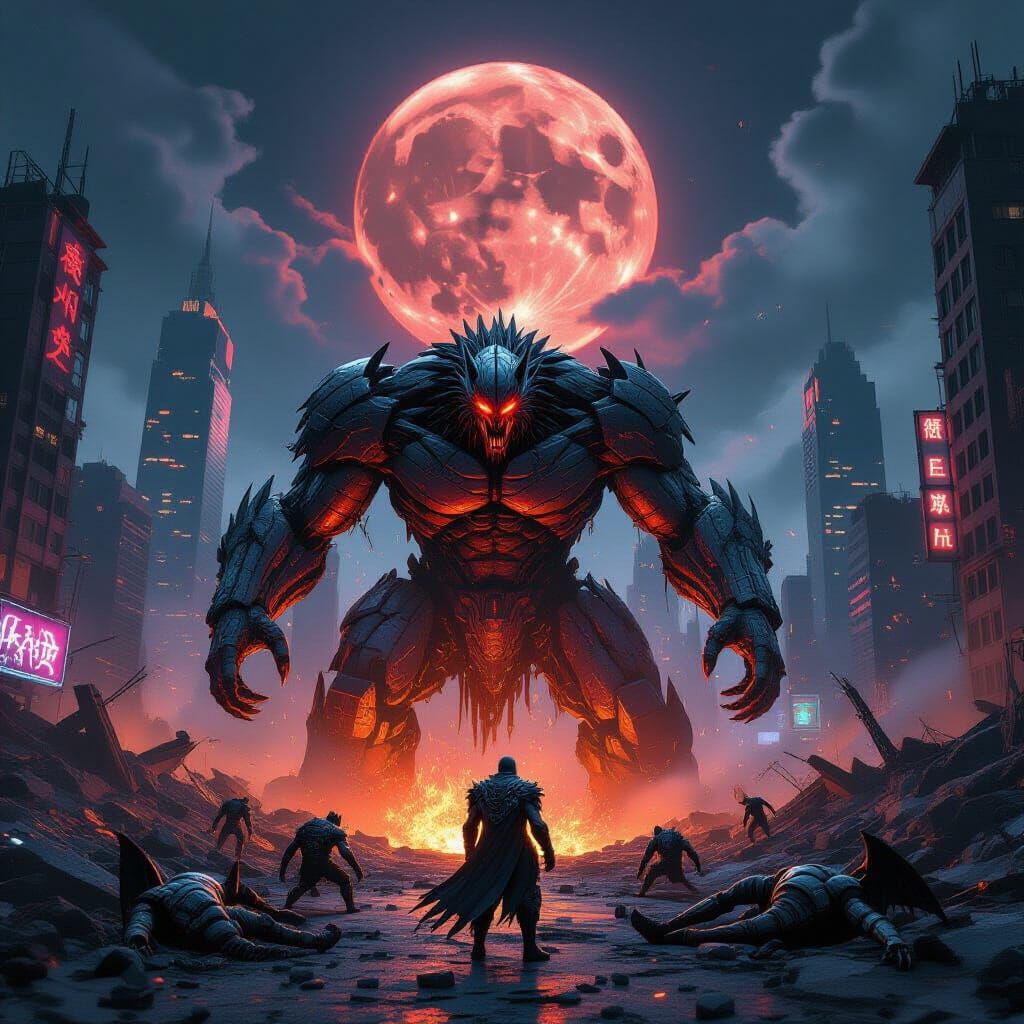 Cyberpunk Titan Defeated by Cyber-Werewolf in Post-Apocalypt...
