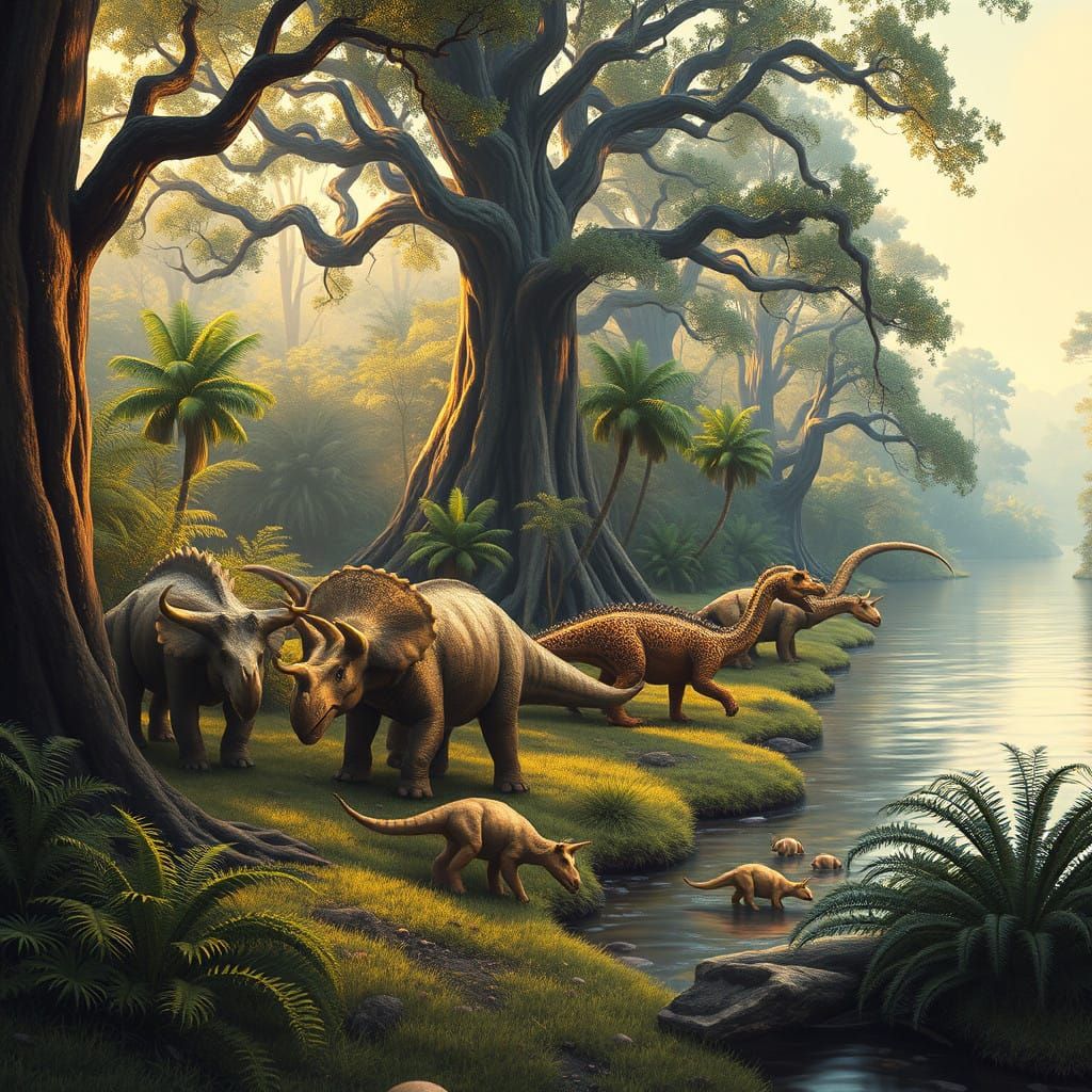 Serene Dinosaur Landscape in Impressionist Style