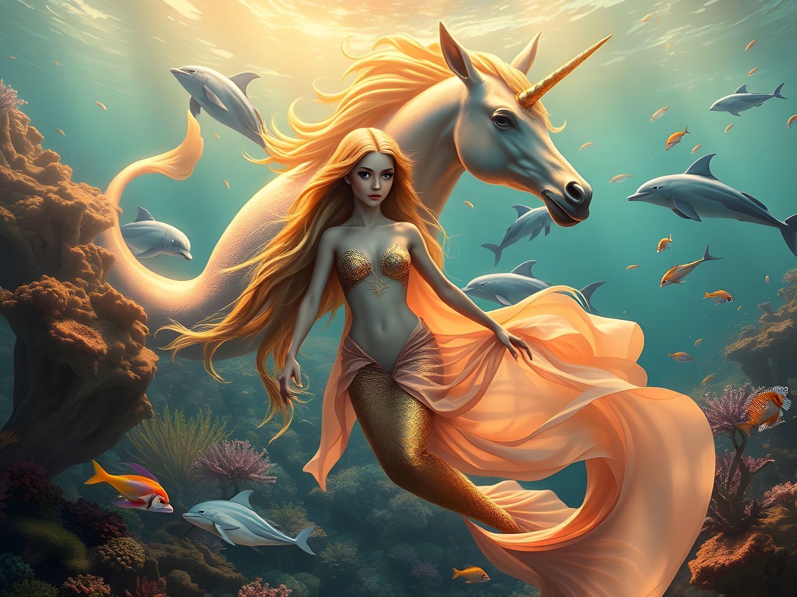 Majestic Mermaid in Vibrant Underwater Realm with Sea Unicor...