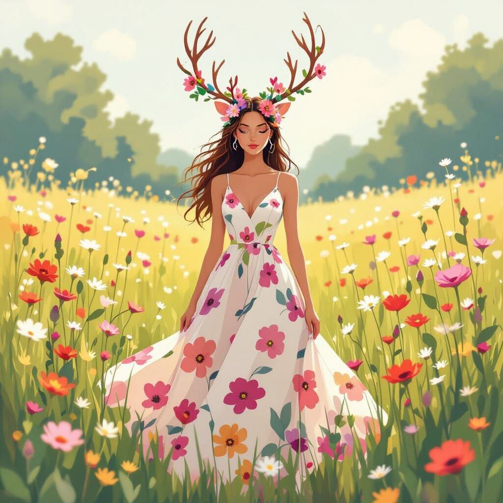 Floral Antlered Deer-Woman in Meadow, Cel-Shaded Art