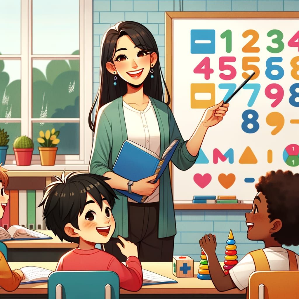 Asian Teacher Engages Students with Math Lesson on Whiteboar...