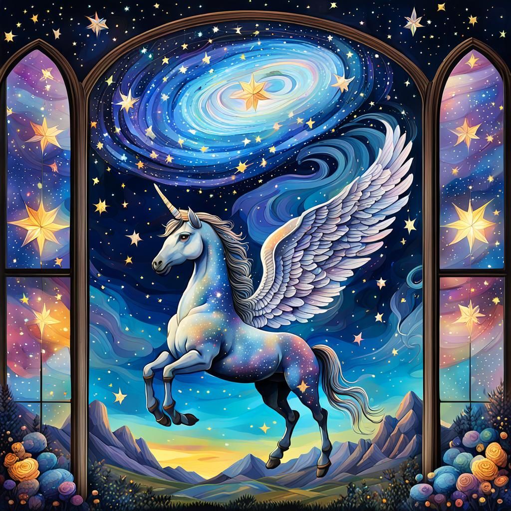 Pegasus Soaring Through Starry Night: Anime Style Illustrati...
