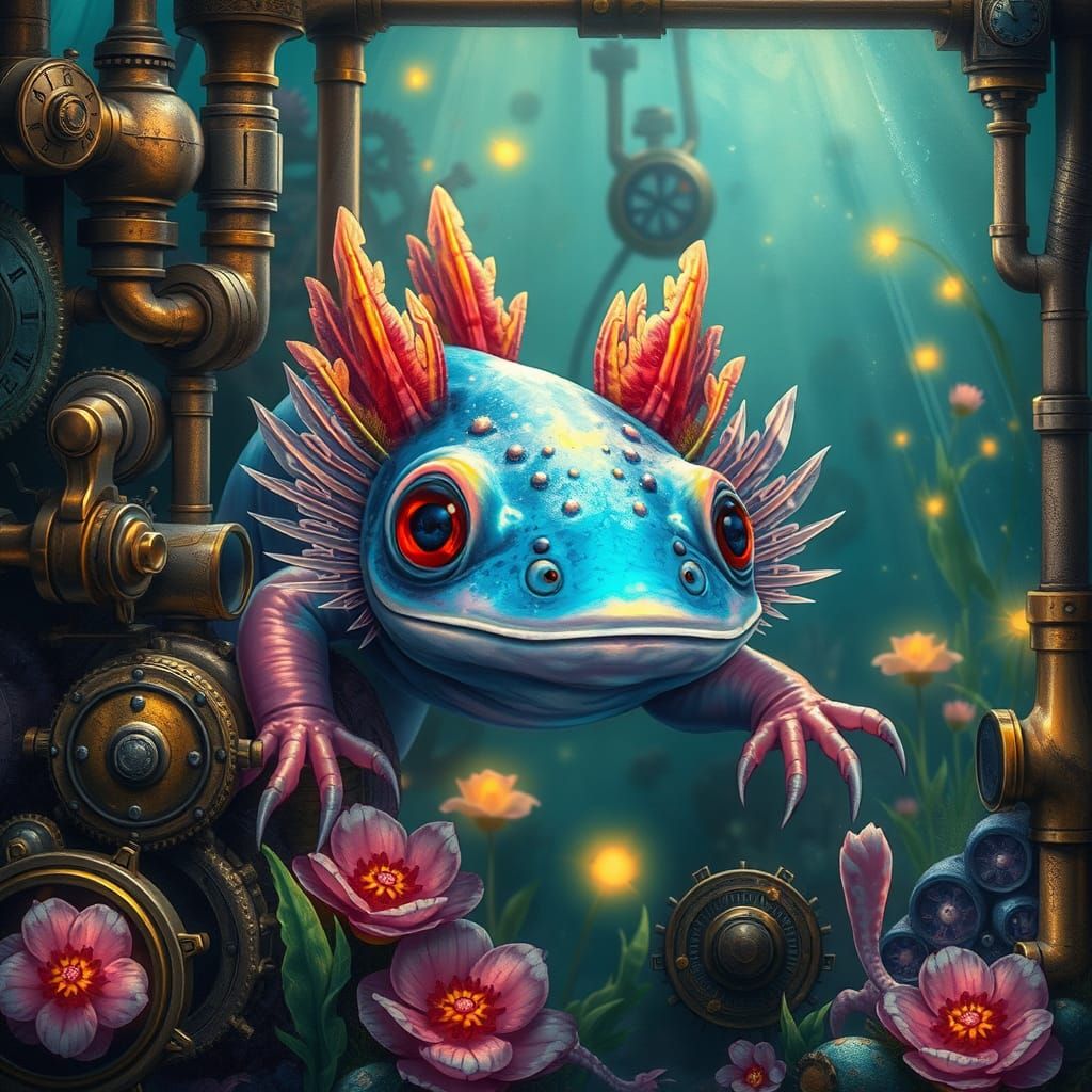 Steampunk Axolotl in Iridescent Garden