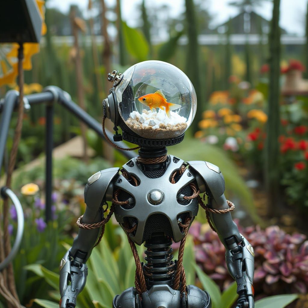 Titanium Robot with Crystal Head in Futuristic Garden