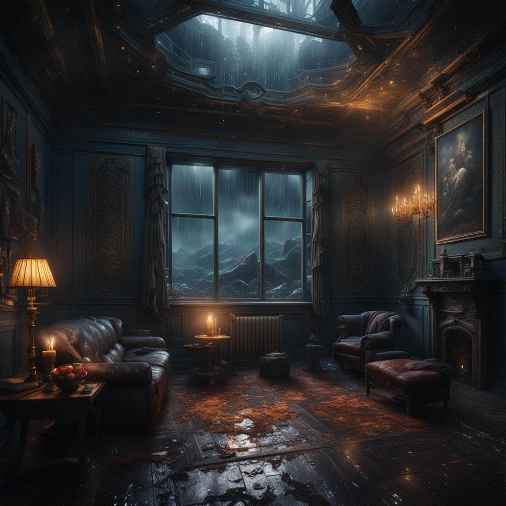 Dark Room with Rain: Detailed Matte Painting