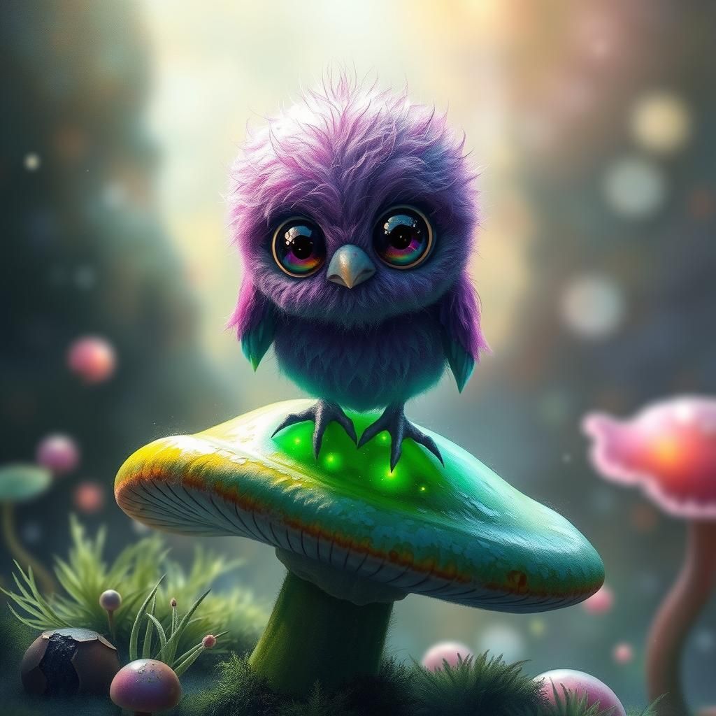 Purple Alien Bird on Glowing Mushroom, Dreamlike Art