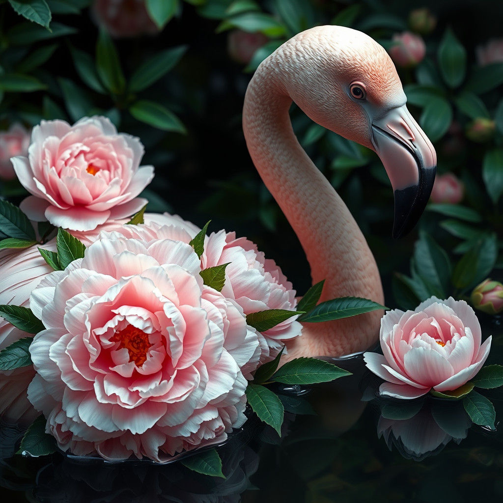 Flamingo Covered in Peonies: Fantasy Concept Art