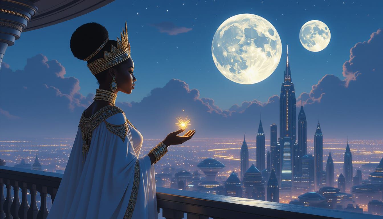 African Queen Gazes at Firefly Over Futuristic City