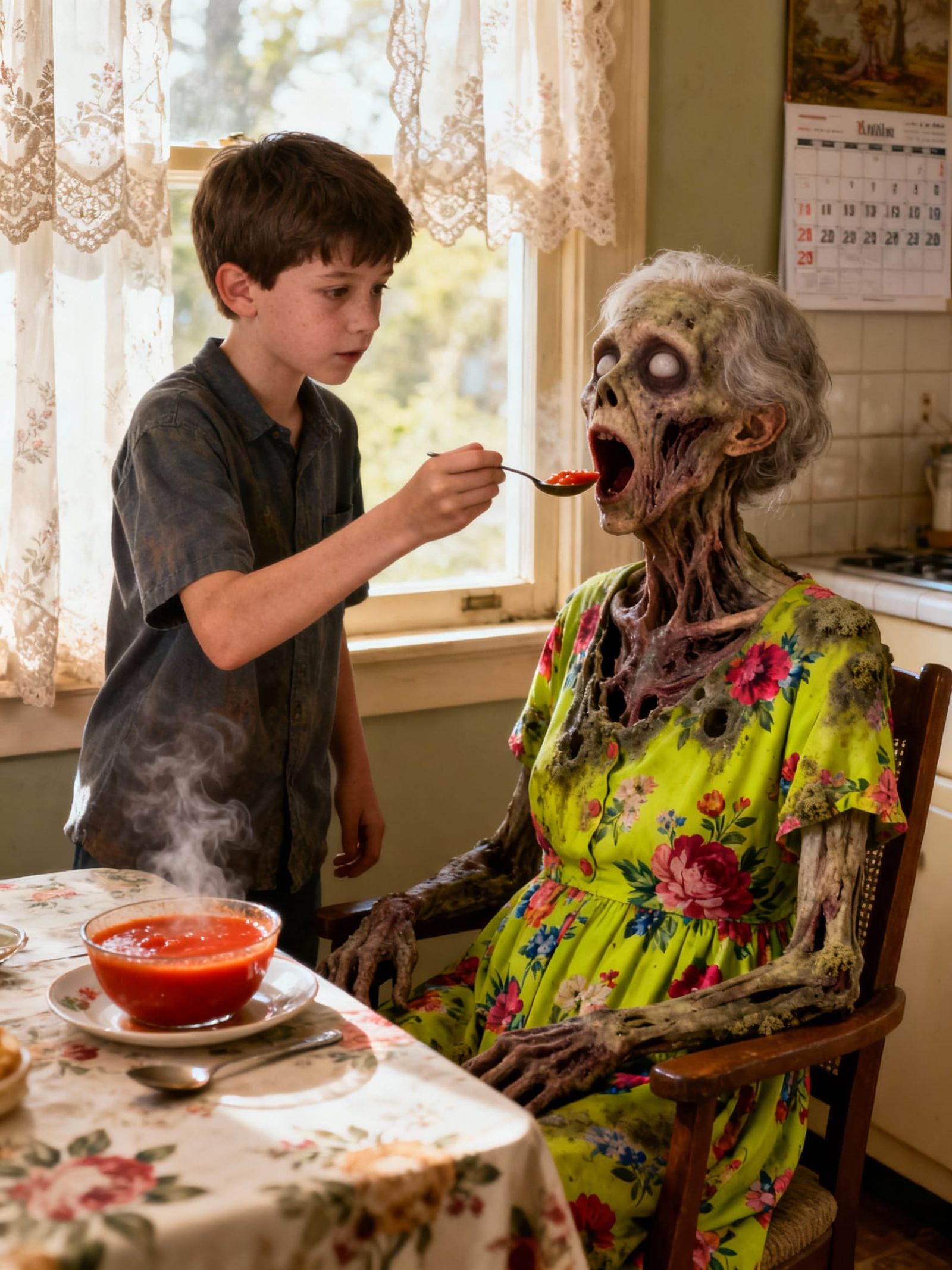 Nostalgic Horror: Boy Feeds Soup to Grandmother