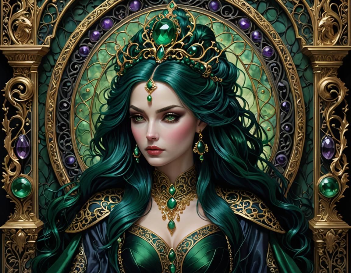 Emerald Siren and Raven Monarch in Rain, Somber Mysticism