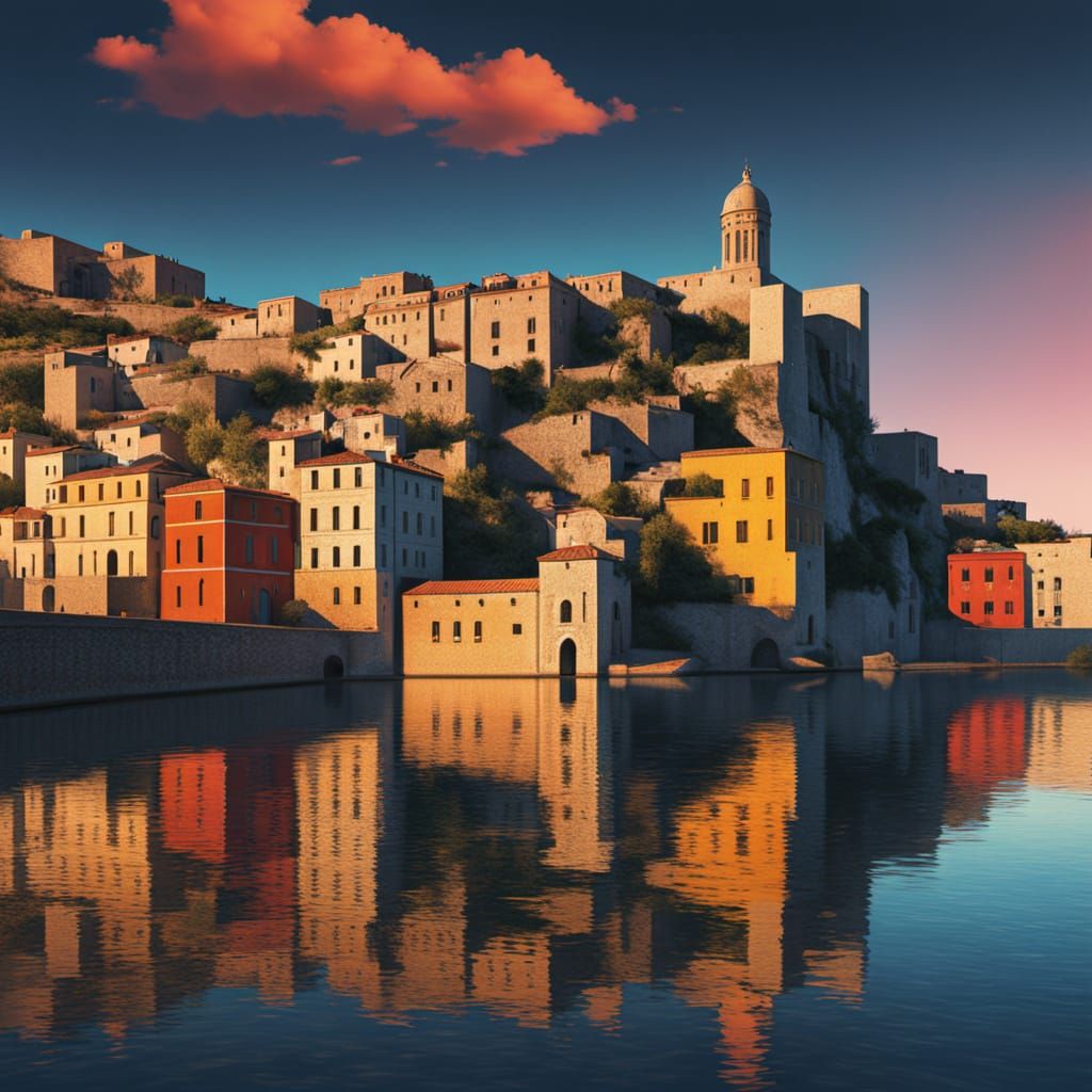 Matera Shoreline at Night: Digital Art in Klimt Style