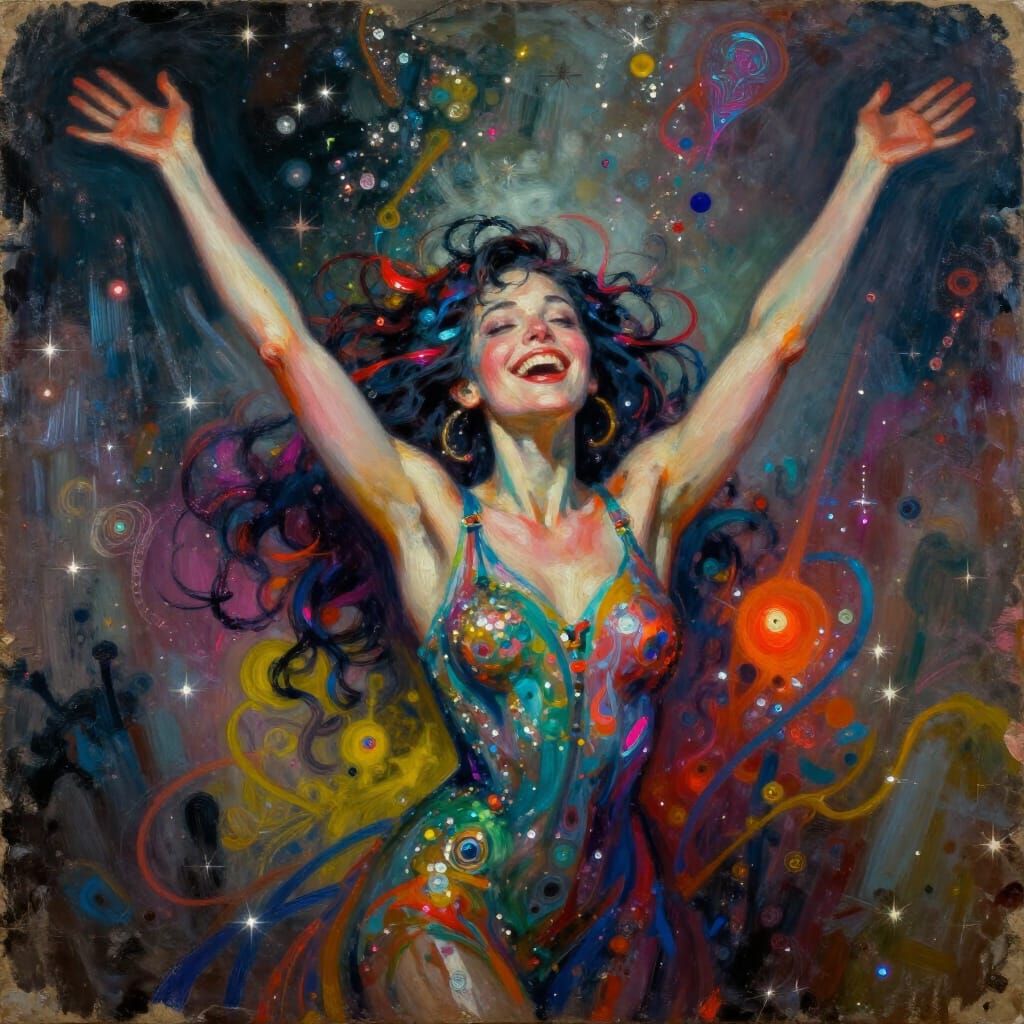Woman Embracing Joy in Glittering Fantasy Art