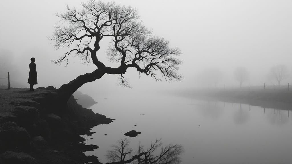 Contemplative Figure in Monochromatic Landscape