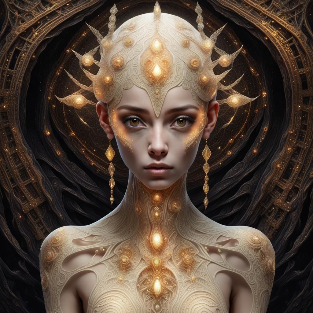Ethereal Female with Crystal Patterns in Dark Surrealism