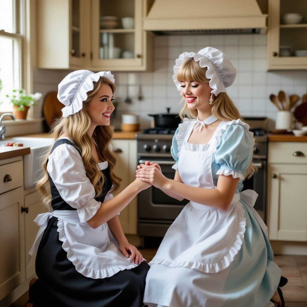 Crossdressing Young Man Kneeling to Woman in Vintage Kitchen