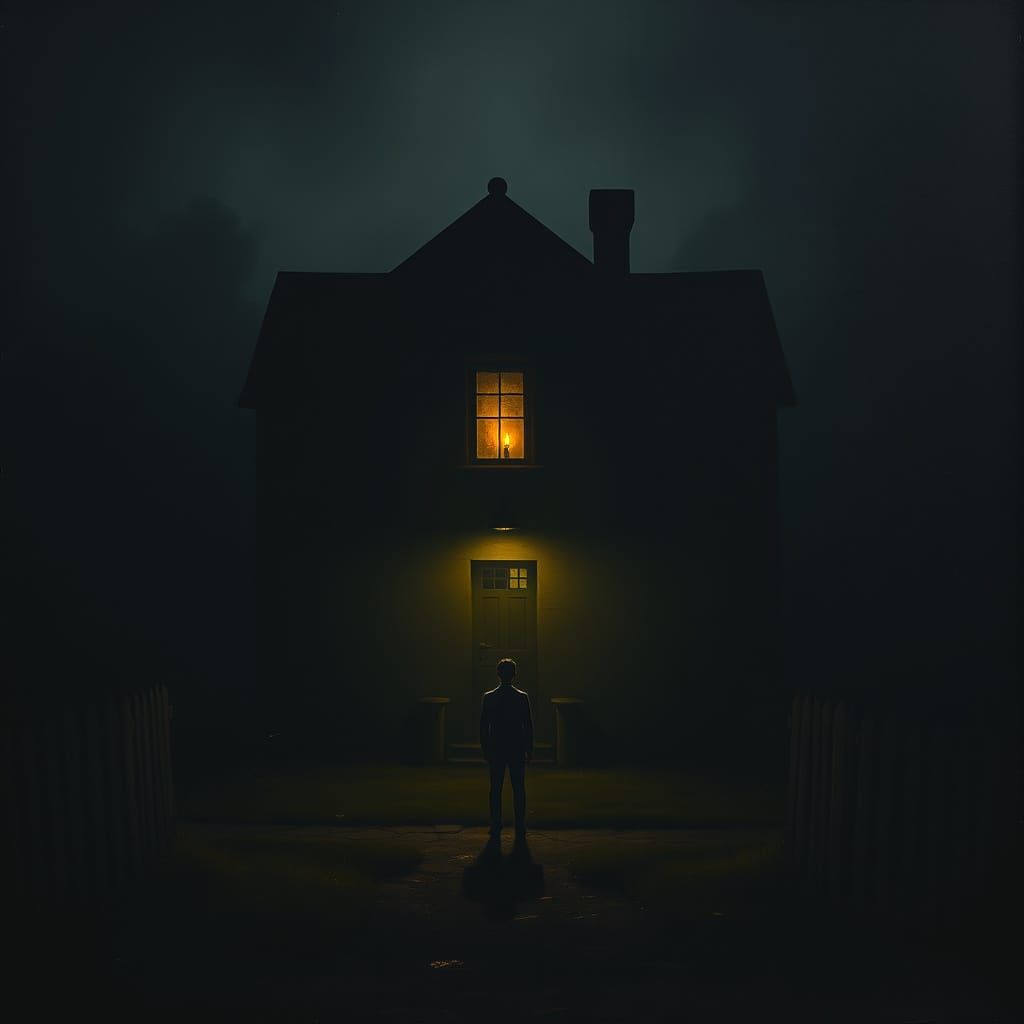 Lone Figure Gazes at Shadowed House by Candlelight