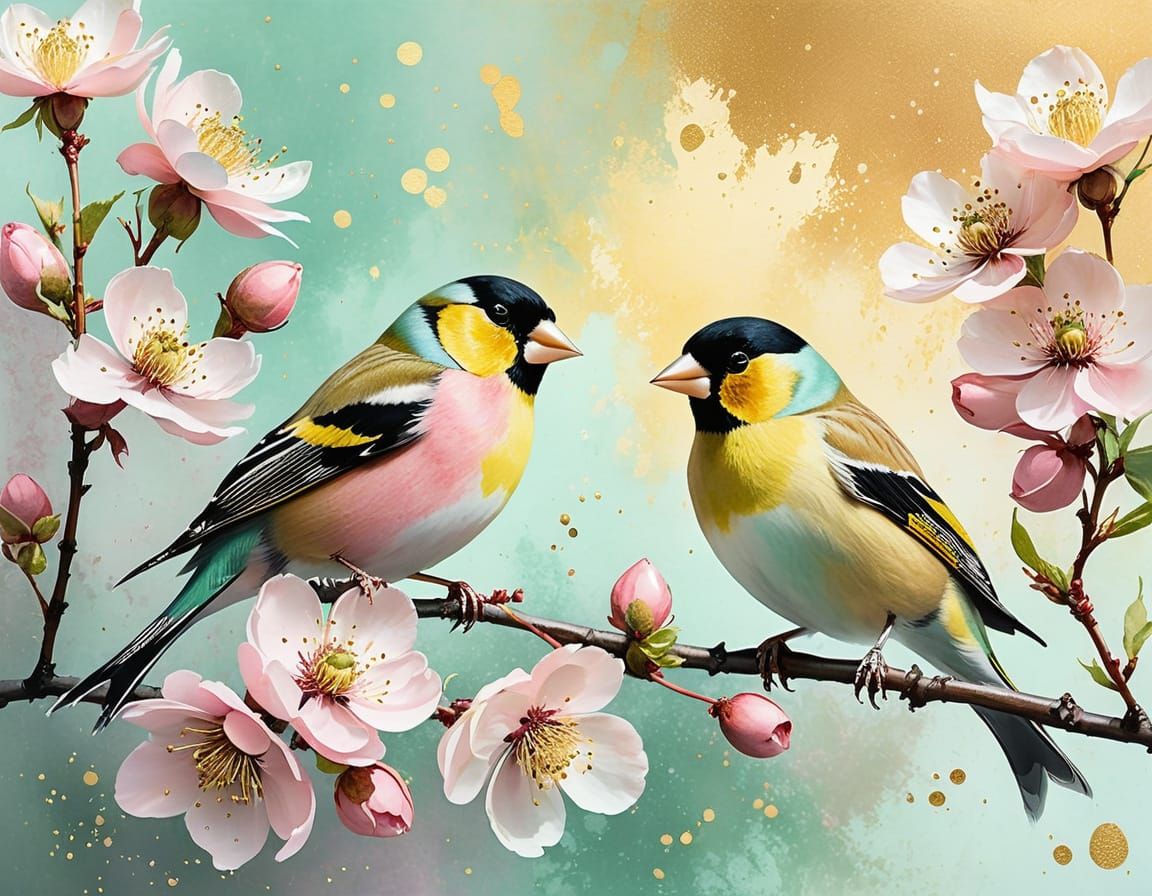 Goldfinches on Cherry Blossoms: An Impressionist Painting