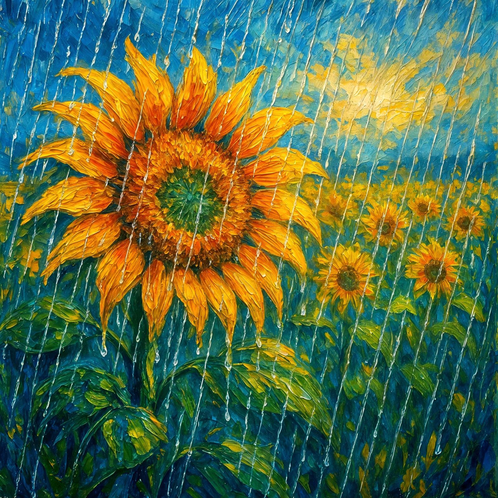 Sunflower Field in Rain: Impasto Impressionistic Style