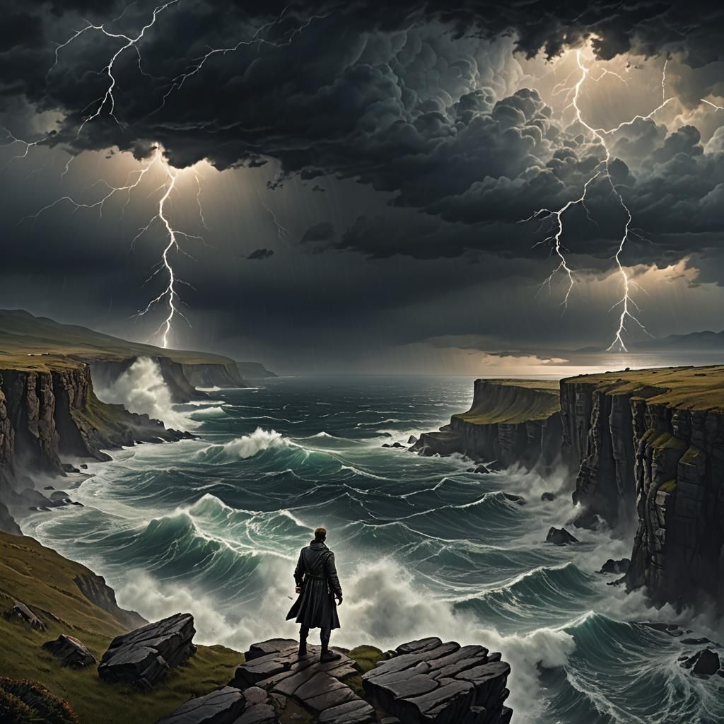 Traveler Overlooking Stormy Sea: Detailed Matte Painting