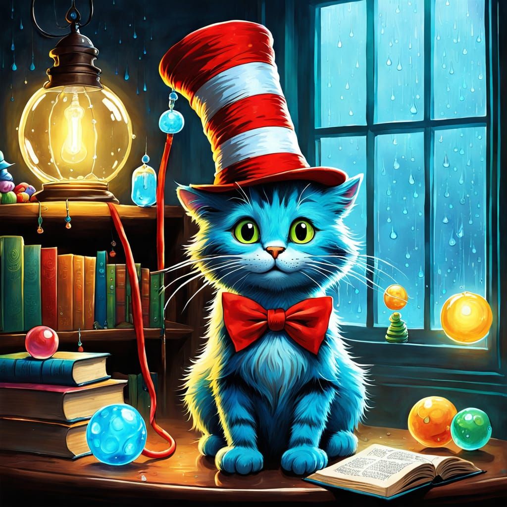 Whimsical Cat in the Hat Illustration in Dr. Seuss Style