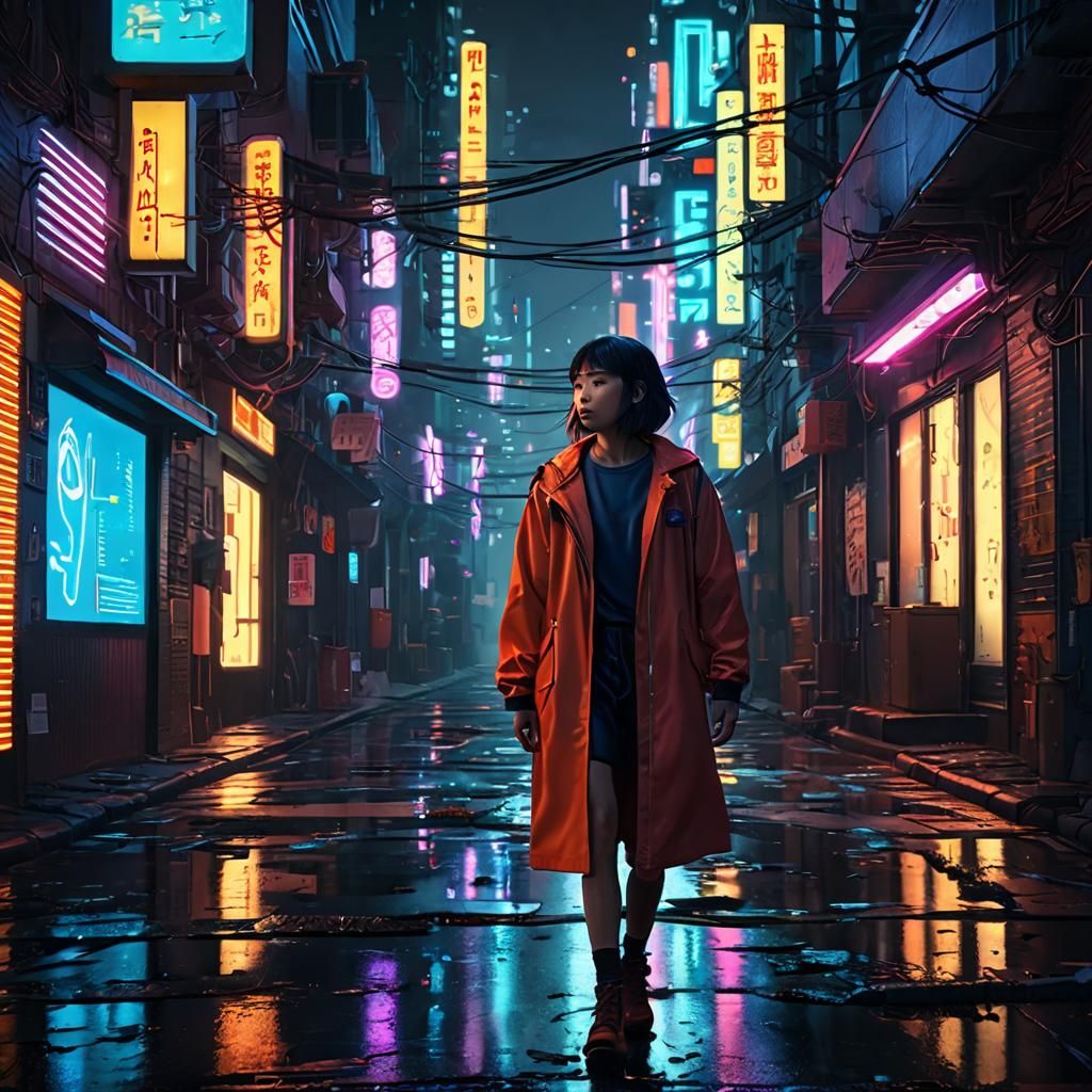 Neon Cityscape: Chihiro in a Sci-Fi Alleyway