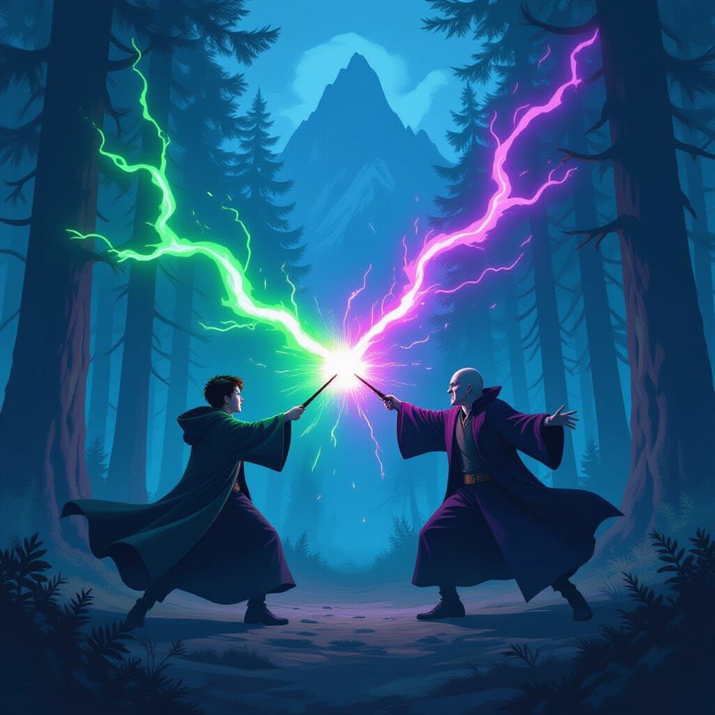 Epic Wand Duel in a Futuristic Landscape