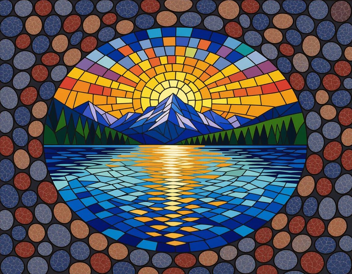 Pebble Mosaic Sunset Over Mountain Lake