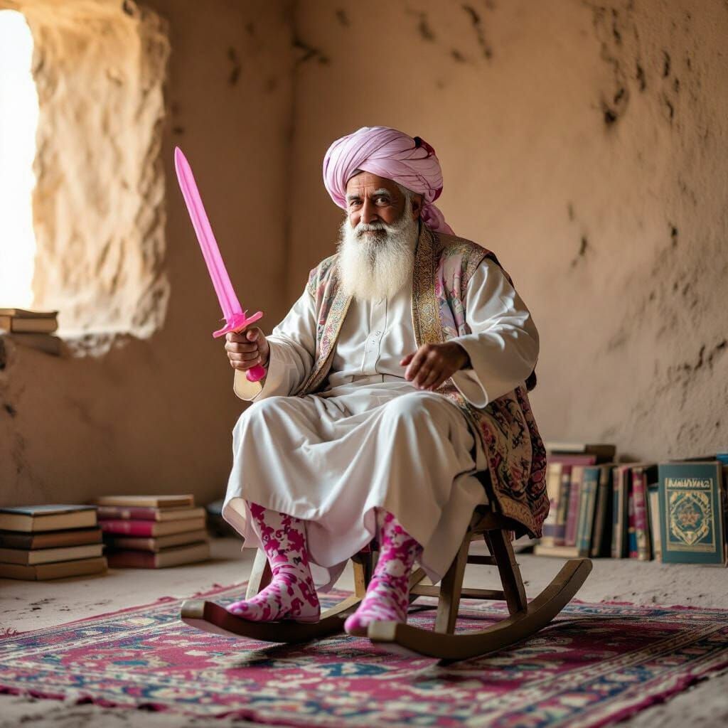 Elderly Sheikh's Playful Childhood Game with Toy Horse