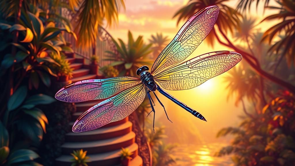 Iridescent Dragonfly in Jungle with Mirrored Staircase
