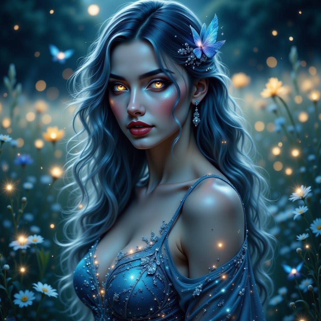 Ethereal Woman in Bioluminescent Field, Hyperrealistic Rende...