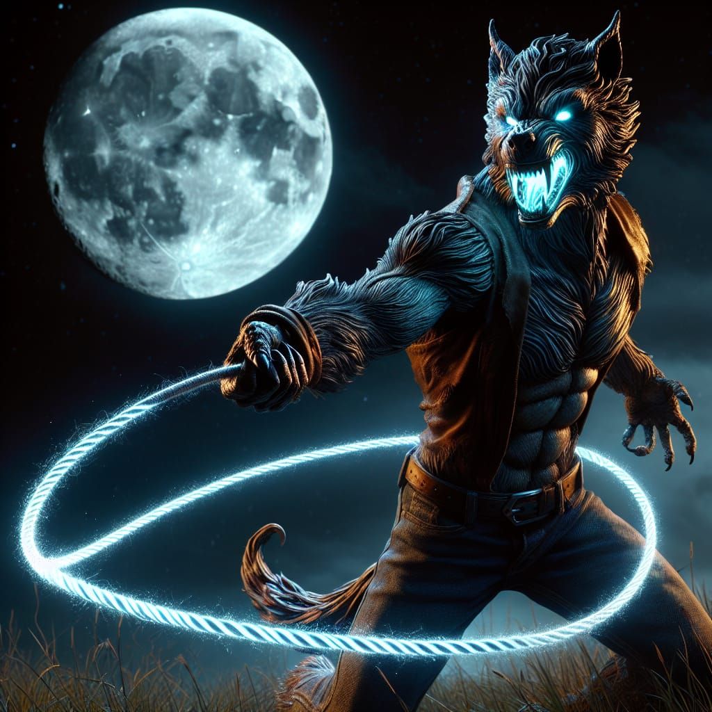Photorealistic Werewolf Lassoing the Moon
