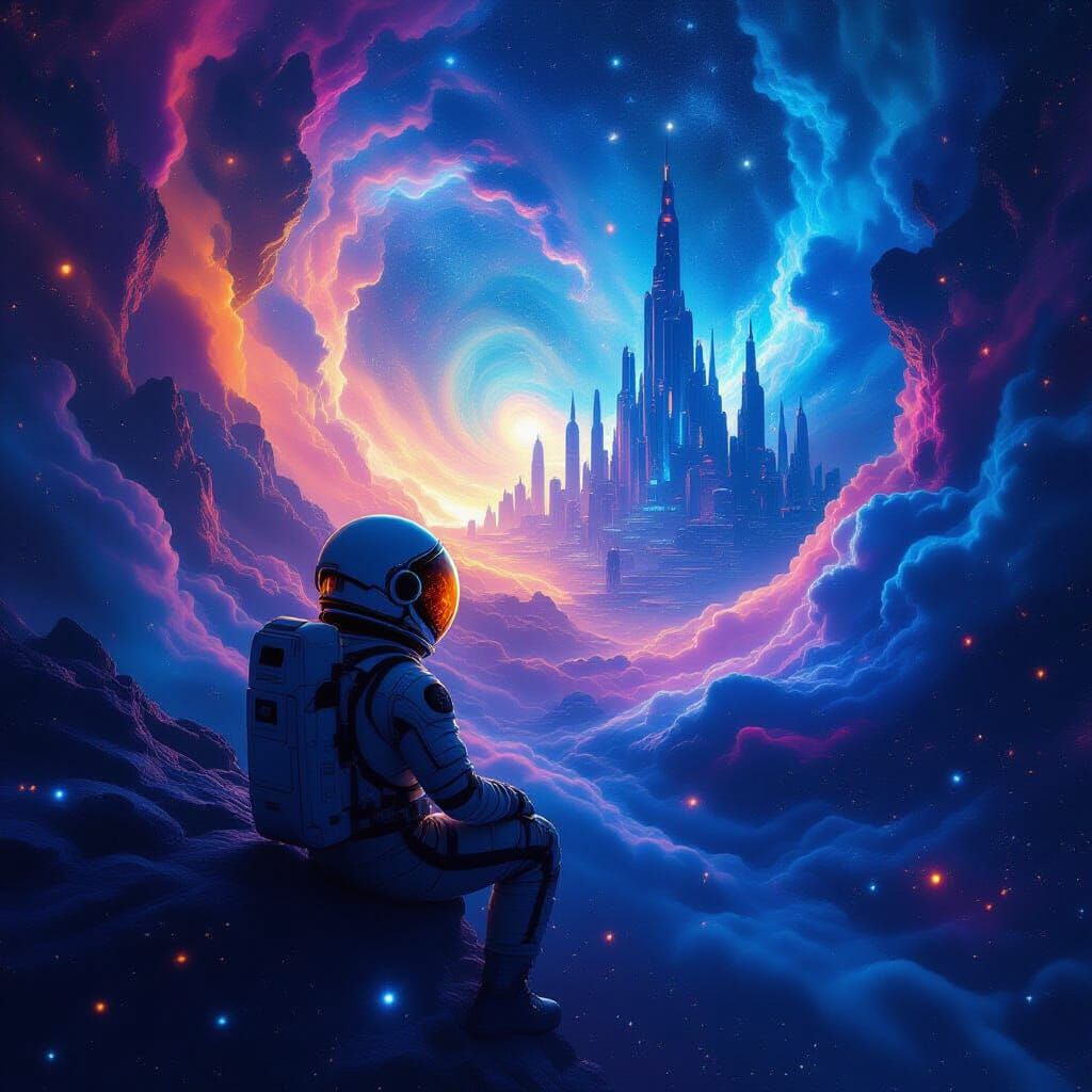 Astronaut Adrift in Cosmic Nebula with Alien City Reflection