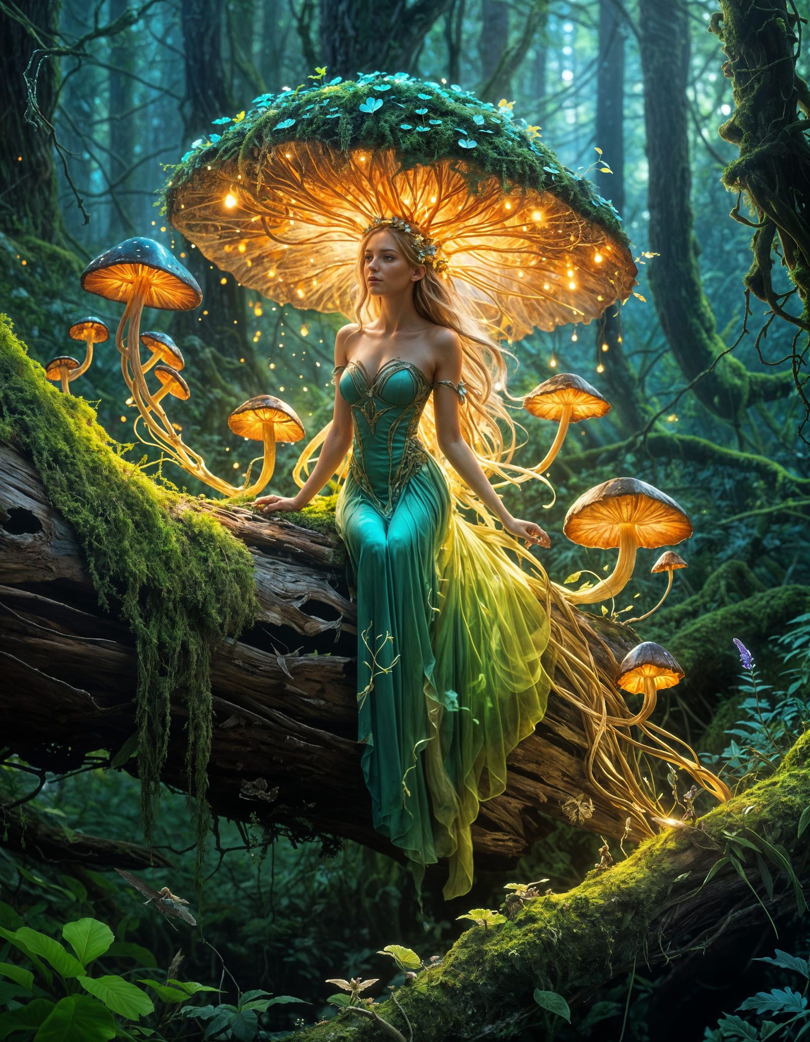Bioluminescent Moss Fairy Emerging From Decaying Log
