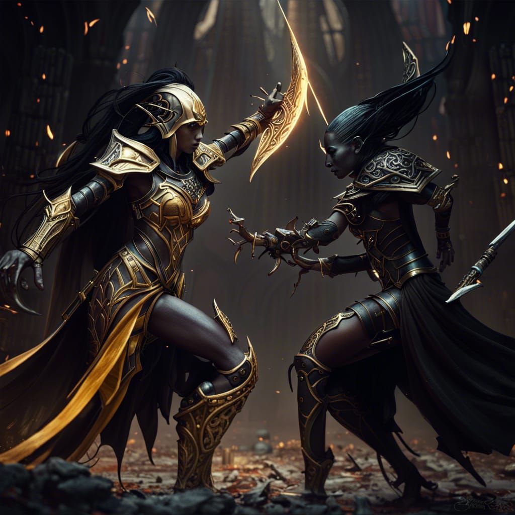 High Elf vs Dark Elf Battle in Fantasy Art