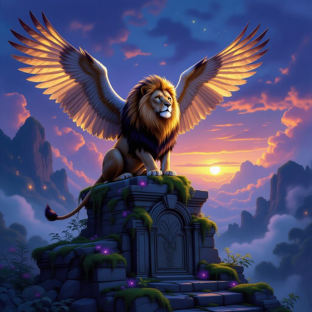 Lion Owl Hybrid on Ruin in Ethereal Twilight