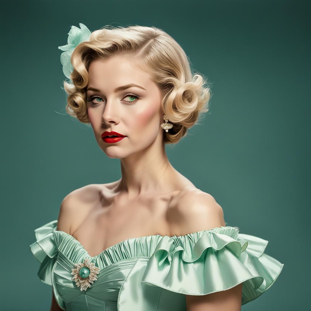 1950s Woman in Celadon Taffeta Gown