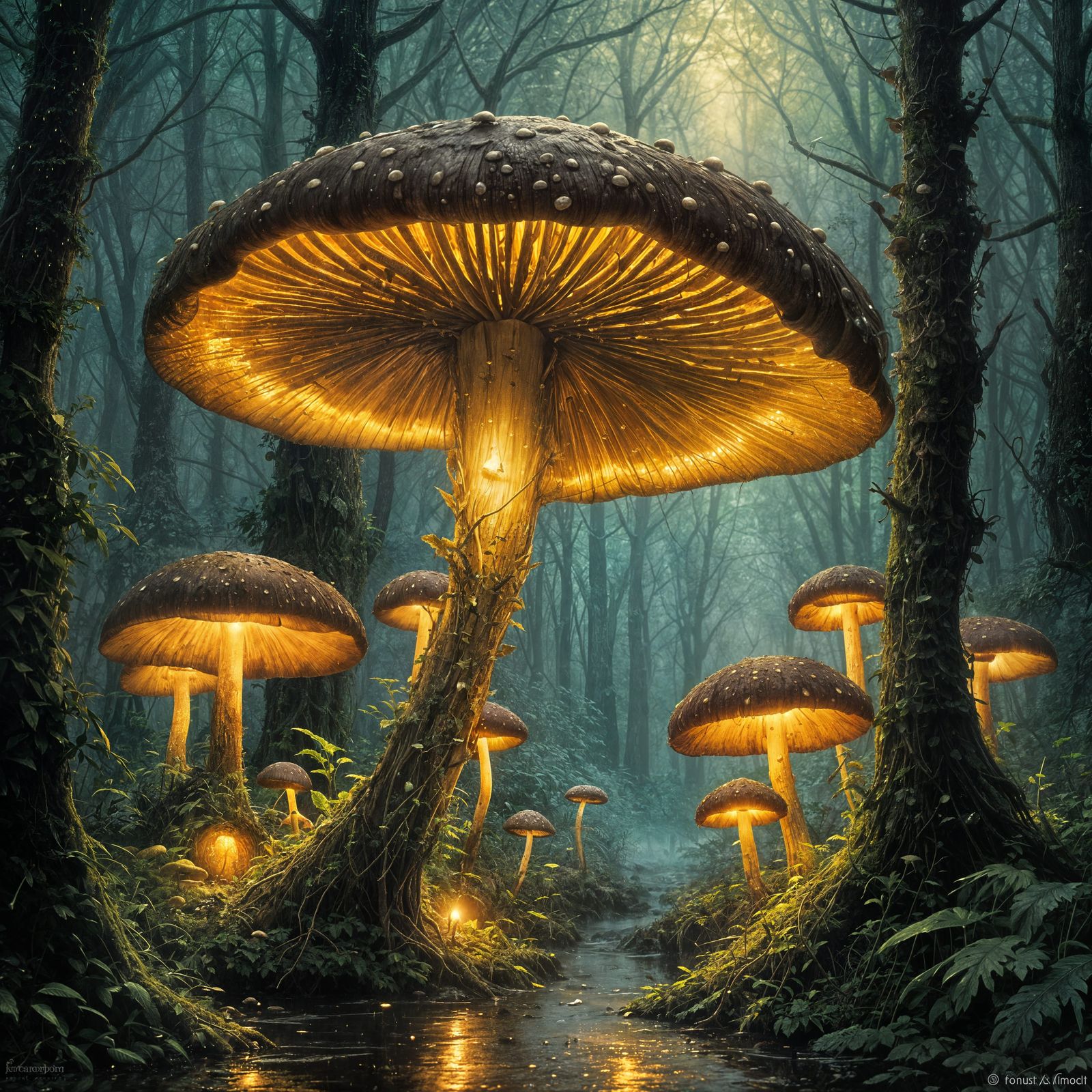 Luminous Mushrooms in Glistening Forest: Dark Fantasy