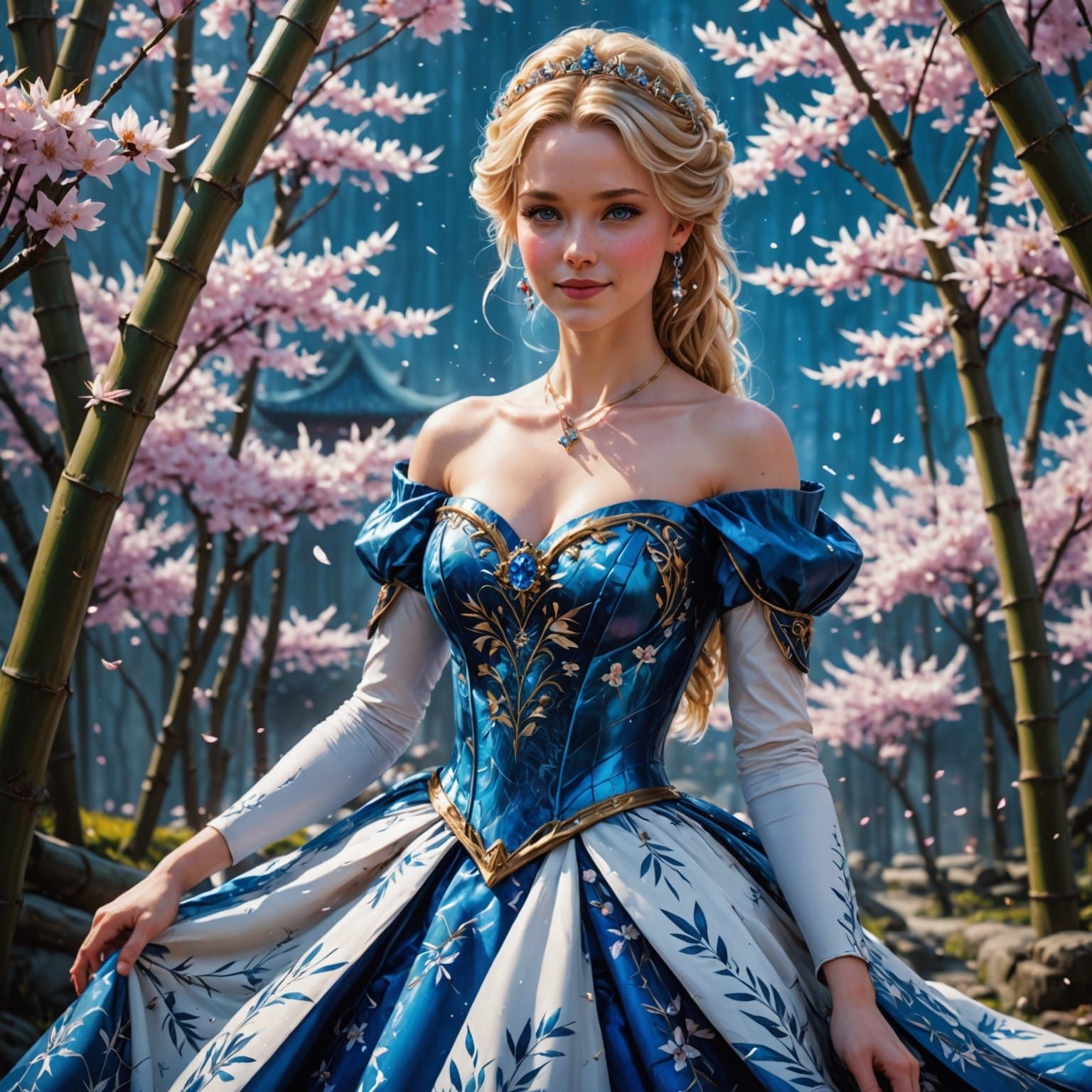 Princess in Bamboo Gown Amidst Cherry Blossoms