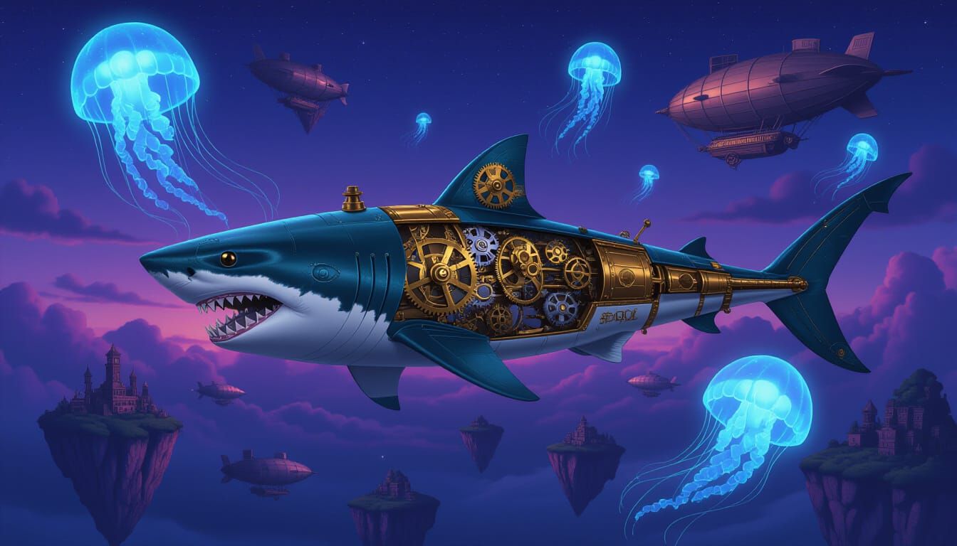 Clockwork Shark in Twilight Sky with Airships