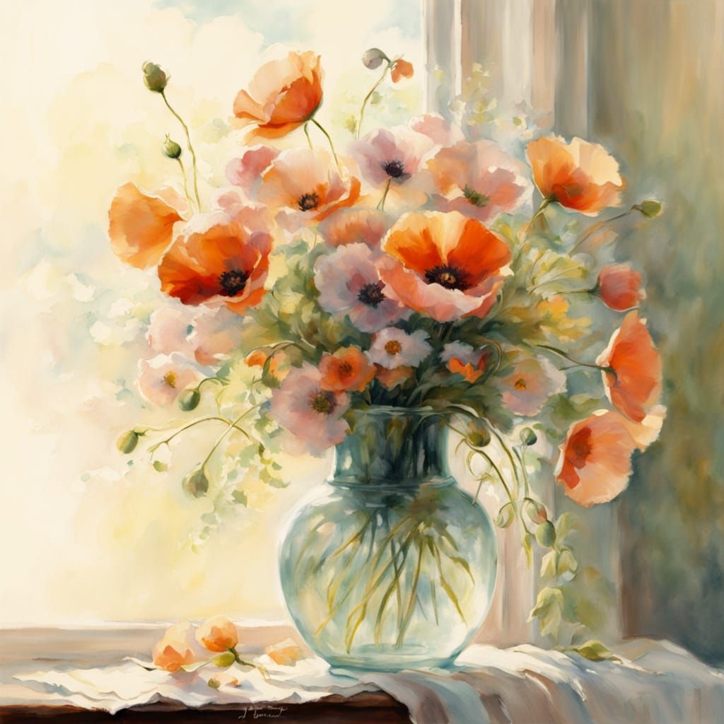 Impressionist Watercolor Poppies in Soft Focus