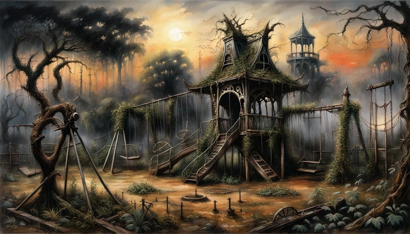 Ruined Playground at Sunset in Dark Fairy Tale Style