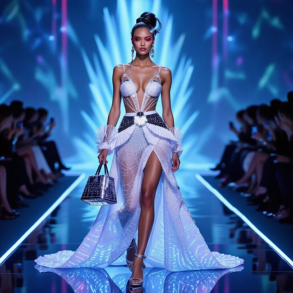 Woman with LED Hair in Metamodernist Digital Couture