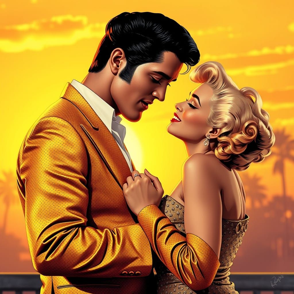 Golden Sunset Moment of Elvis and Marilyn Monroe