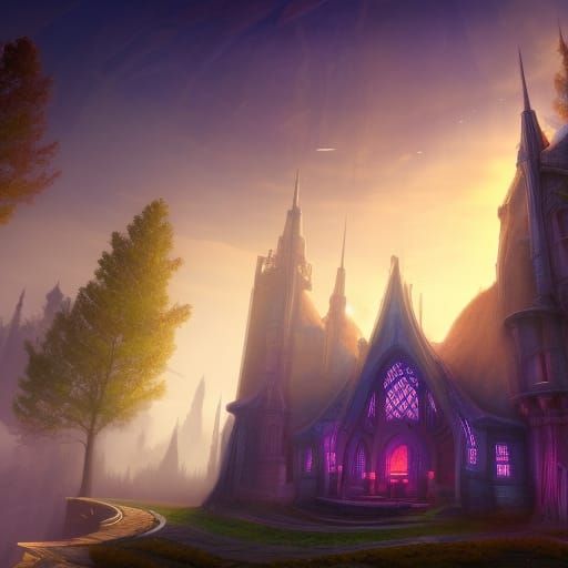 Fantasy Manor Emanating Magic Light: Digital Art